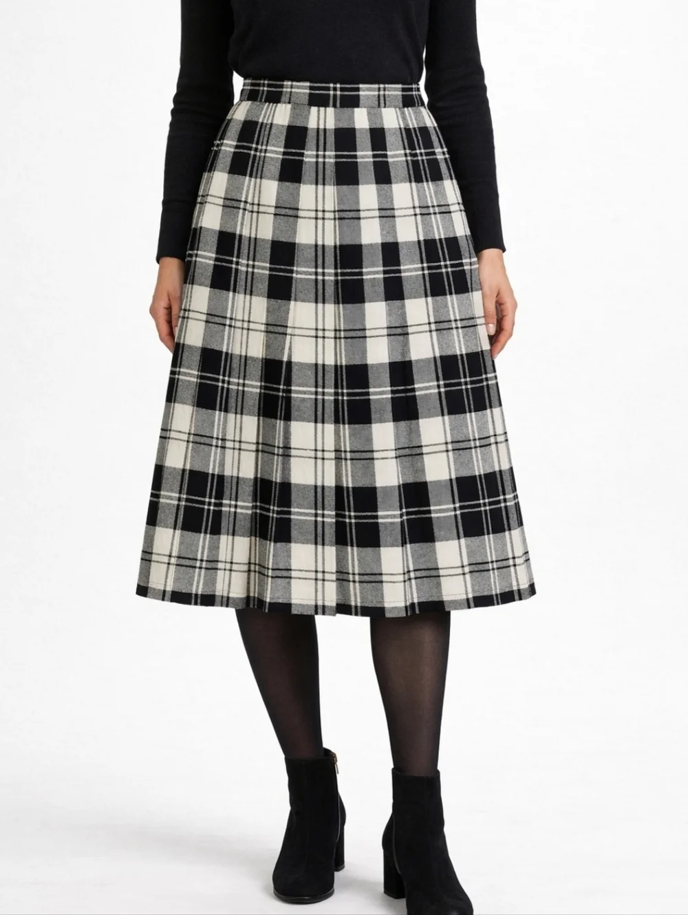O'Neil Of Dublin 100% Wool Black & White Tartan Plaid Pleated Midi Skirt